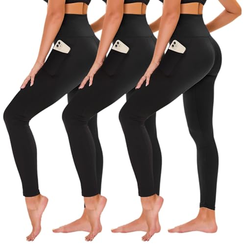 TNNZEET Leggings with Pockets for Women-Black Spandex Solid Four-Way Stretch High Waisted Yoga Pants with Tummy Control