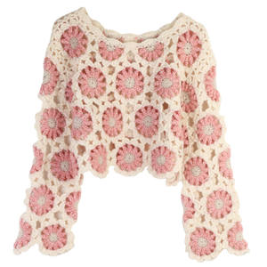 Suéter Rosa Tejido a Mano con Cuello Redondo, Diseño Floral Calado Sexy, Jersey Corto Vintage para Otoño e Invierno - Product Image 1