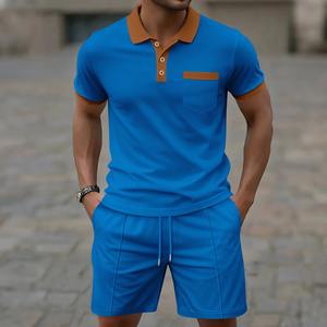 2025 Summer New Men's Plus Size Solid <b>Waffle</b> Pocket Color Matching Polo <b>Shirt</b> & Shorts Set-Spandex/Cotton Short Sleeve - Product Image 6