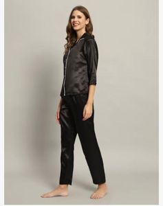 Conjunto de pijama de seda tejido cómodo informal para mujer, camisa y pantalones de satén de manga corta de 2 piezas, ropa de dormir - Product Image 4