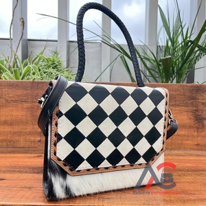 Sac à main bandoulière en cuir véritable à motif damier, style western, pour femme – Vente chaude - Product Image 1