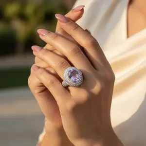 แหวนอเมทิสต์ชุบทองคำสีกุหลาบสำหรับผู้หญิง แฟชั่นและอัญมณีธรรมชาติ (ฝังสแตนเลส) - Product Image 3