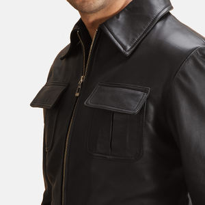 Chaqueta bomber Varsity de piel auténtica negra lisa con logotipo bordado personalizado para hombre, venta al por mayor - Product Image 4