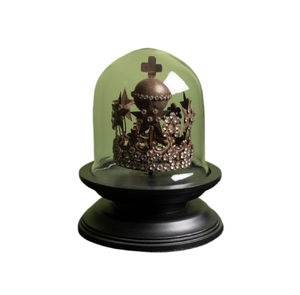 Milagros Sagrado Corazón Oro Antiguo Sunburst Escultura con Pedestal de Madera y Cristal Cloche Arte Religioso Católico y Regalo - Product Image 2