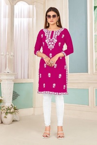 Heavy Bombay Rayon White Cotton Embroidery Work <b>Kurtis</b> for Online Sale - Product Image 2
