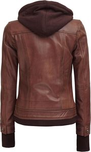 Veste en cuir à capuche pour femme-Veste en cuir d'agneau véritable pour femme avec capuche amovible - Product Image 4
