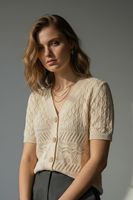 Cardigan en coton biologique pour femme - Cardigan à manches courtes en tricot ajouré - Blouse durable ajourée avec boutons