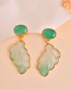 ต่างหูพลอยคาลซิโดนีสีเขียวต่างหูแบบเม็ดเดี่ยวชุบทองรูปวงรีต่างหูเครื่องประดับทองเหลืองแบบทันสมัย - Product Image 2