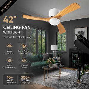 42 Inch <b>Ceiling</b> <b>Fan</b> <b>with</b> Light and <b>Remote</b> Solid Wood Flush Mount Low Profile Quiet DC Motor for Living Room Bedroom - Product Image 1