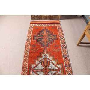 พรมตุรกีขนาด 2.7x10.4 ฟุต, พรมวินเทจแบบ Runner, พรมลายตารางสีแดงทำจากขนสัตว์ - Product Image 5