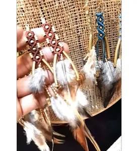 New Arrival Multi Brown Color Thread Macrame With Feather Earring Top Quality Brass Dream Catcher Long Dangle Earring For Women