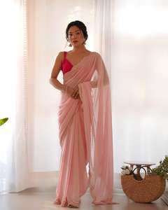Designer indien dernière couleur rose exclusive Georgette Saree chemisier élégant élégant fantaisie à la mode fête mariée mariage porter des femmes - Product Image 1