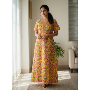 Vestido de Dormir 100% Algodón con Estampado Jaal Hecho a Mano, Camisón Suave Tejido con Diseño Floral y Cierre de Botones, Talla 3XL para Damas de Honor - Product Image 1