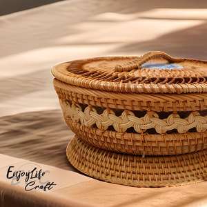 Rattan Weave Round Storage Hollowed Out <b>Basket</b> <b>With</b> <b>Lid</b>,Handcrafted Desktop Fruits Nuts Candies Storage - Product Image 2