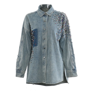 Vêtements de rue d'automne Blue Denim Outdoor Motorcycle Diamond Jacket pour femmes - Product Image 5