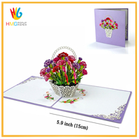 Tarjeta de Felicitación 3D con Diseño de Cesta de Flores y Corte Troquelado, Papel Mate Rectangular para Saludos
