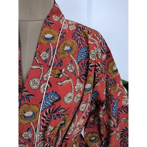 Pure Cotton Boho House <b>Robe</b> Indian Handprinted Summer Dress Maroon Yellow Floral Print Soft Bridal Maternity <b>Beach</b> Coverup for - Product Image 2