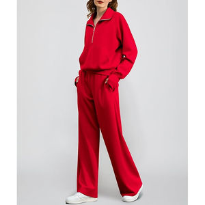 Conjunto de pantalones de chándal de pierna ancha, conjunto de chándal de algodón de 2 piezas para mujer, conjunto de salón 2025, sudadera de gran tamaño con media cremallera, chándal - Product Image 4