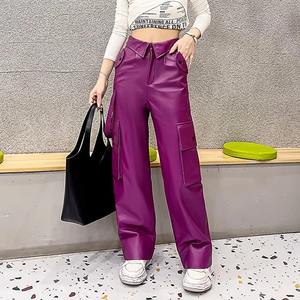 กางเกงขายาวทรงตรงผู้ชายแฟชั่นใหม่ หนังแท้ ติดกระดุม ทรงหลวม มีกระเป๋าแบบมีสายรัด สไตล์ลำลอง สตรีทแวร์ สำหรับฤดูหนาว - Product Image 4