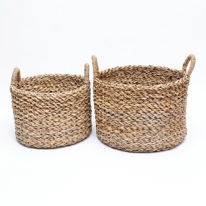Ensemble de paniers de rangement en écorce de bananier naturelle, tressage épais, forme cylindrique, avec poignée en arche, pot de rangement, pot à linge, décoration artistique pure pour la maison - Product Image 1