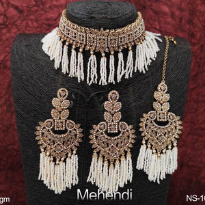 Mehendi plateado joyería antigua piedras completas ropa de novia hermosa gargantilla antigua conjunto de collar y pendientes con Maang Tikka - Product Image 1