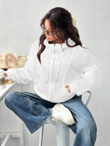 Sudadera con Capucha Blanca de Cuello Alto con Cierre para Mujer, Cuello de Embudo, Hombros Caídos, Puños Acanalados, Felpa de Algodón, Ropa Casual Urbana, Suministro al por Mayor - Product Image 6