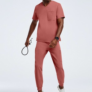 Haute qualité col en v infirmière costumes manches longues femmes/hommes uniformes hospitaliers bruts fins gommages médicaux pour les saisons d'automne - Product Image 1