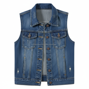 Gilet en jean délavé sur mesure pour homme, style rétro, bleu foncé, coupe ajustée, sans manches, avec détails brodés et doubles poches - Product Image 2