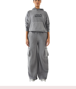 Survêtement pour femme en coton lourd de taille européenne, poches cargo, motif imprimé vintage, délavé, décontracté, jogging - Product Image 1