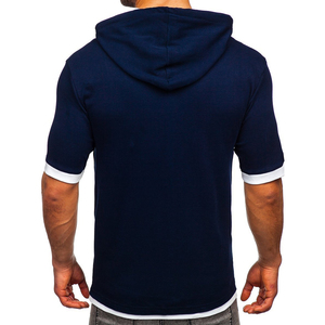 Camiseta con Capucha de Manga Corta Azul Marino para Hombre, con Ribete Blanco en Contraste, Logotipo Frontal, Transpirable, Corte Regular, Estilo Casual, Tejido de Punto - Product Image 2