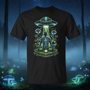 Camiseta promocional futurista de secuestro alienígena con hongos - Product Image 3