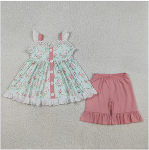 GSSO3036 Flower Floral Pink Mint Girls Shorts Set - Product Image 3