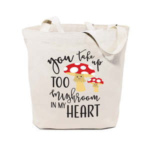 You Take Too Mushroom My Heart Cotton Canvas Tote Bag Medium Long Rope Screen Printing Cartoon Letter for Daily Advertising Gift - Product Image 1