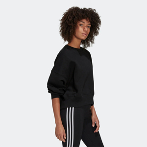 Relaxed Fit Ribbed Crewneck 70% Cotton 30% Recycled Polyester Fleece Ribbed Cuffs and Hem Midnight <b>Black</b> Crop <b>Sweatshirt</b> - Product Image 3