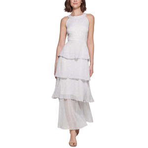 Abito lungo grigio a balze con scollo all'americana Tommy Hilfiger da donna - XS-XL, elegante e alla moda per l'estate, la spiaggia, con dettagli trasparenti - Product Image 1