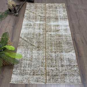 Vintage Rug, 3.2x6 ft Turkish Rug, <b>Brown</b> White Floral <b>Wool</b> Rug - Product Image 1
