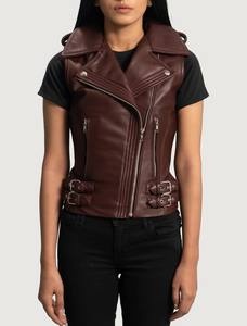 <b>Women's</b> Hazelnut <b>Brown</b> Genuine Leather <b>Vest</b> Biker Asymmetrical Zip Moto Sleeveless Jacket Casual Eco-Friendly Cotton USA - Product Image 6