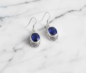 Boucles d'oreilles pendantes en saphir bleu profond, argent sterling, ovales, avec détails en spirale, pierre de naissance de septembre, cadeau - Product Image 3