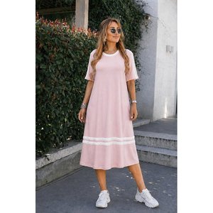 Women's Short-Sleeve Crew Neck Midi <b>Viscose</b> <b>Dress</b> with Stripe Detail, 37796 - Pink - Product Image 3