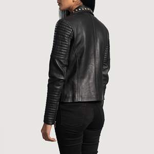Veste de motard en cuir véritable peau de mouton pour femme, fermeture éclair en Aniline, cloutée, noire, doublure matelassée en Viscose, intérieur et extérieur - Product Image 4