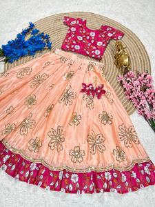 Conjunto de Lehenga Choli Étnico de Diseño para Niñas, Corte en A, Largo Midi, Bordado, Clásico Floral, 100% Seda, Estilo Vintage, Tallas de 6 Meses a 15 - Product Image 6
