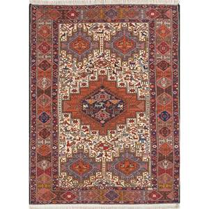 Tapis médaillon Kiaan 9x12 noué à la main en laine et soie Pae-5296 rouge et orange pour adolescents, idéal pour la décoration du salon à la maison - Product Image 1