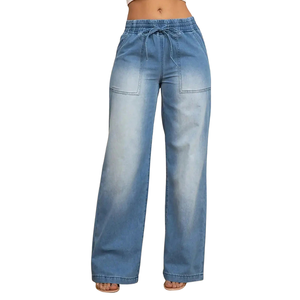 Custom Women's <b>Light</b> Blue Straight Leg Mid Waist Regular Fit Casual Vintage Wash Denim Jeans 100% Cotton Breathable Quick Dry - Product Image 1