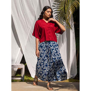 Mala Indigo <b>High</b>-<b>Waisted</b> Flare Palazzo Pants-Breathable Wrinkled Modal <b>Cargo</b> Trousers - Product Image 2