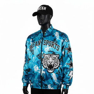 Blouson bombardier en satin 220GSM de haute qualité imprimé Street Art bleu avec broderie de tigre Blouson bombardier en satin avec logo personnalisé pour homme - Product Image 3