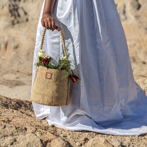 Women Luxury <b>Raffia</b> Bucket <b>Handbags</b> Eco Friendly Bohemian Style Single Strap Open Top Logo Decoration Polyester Lining Daily Use - Product Image 1