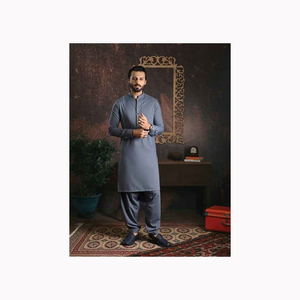 Summer <b>Men's</b> Slim Fit Half Sleeve Kurta Casual <b>Shalwar</b> <b>Kameez</b> with Designers' Kurta Designs Made of Span Polyester - Product Image 1