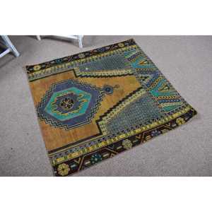 Alfombra Turca Vintage Pequeña de 3.3x3.6 pies (102x110 cm), Alfombra Azul Marroquí - Product Image 2