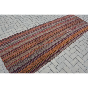 Kilim Vintage Rug, 3.6x9.4 ft Turkish Rug, <b>Red</b> Ikat <b>Wool</b> Rug - Product Image 2