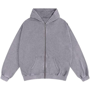 Sweat-shirt à capuche gris clair délavé à l'acide, coupe ample, look vintage, polaire doux, fermeture éclair intégrale, streetwear pour hommes et femmes - Product Image 1